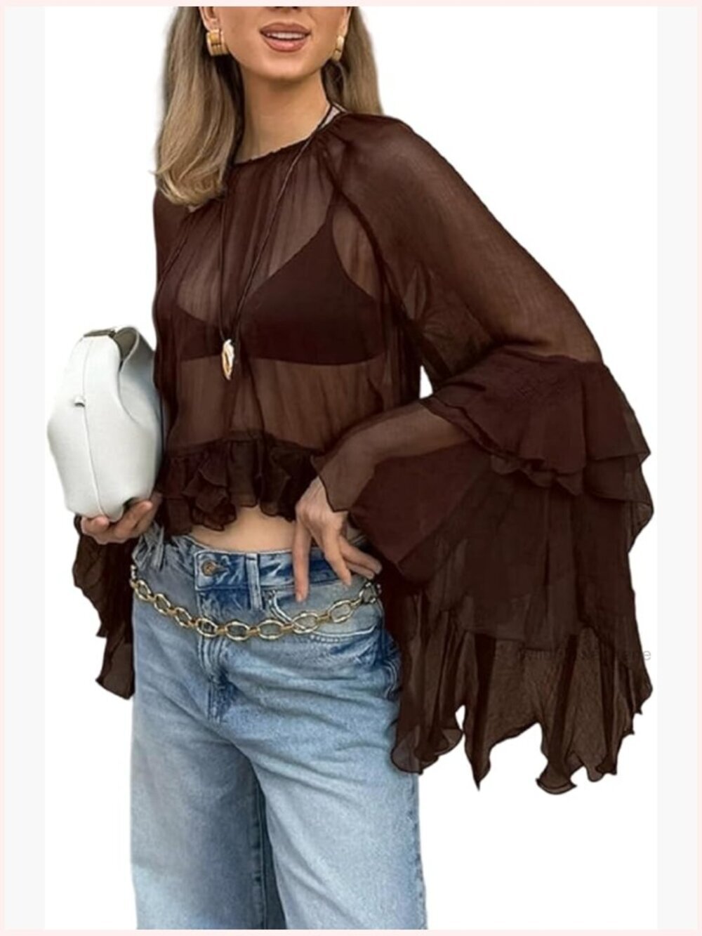 Ruffled Bell Sleeve Blouse Sheer Crop Top Flowy Chiffon